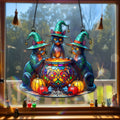 Three Cat Witches And Magic Cauldron Halloween Gift - Personalized Window Hanging Acrylic Suncatcher