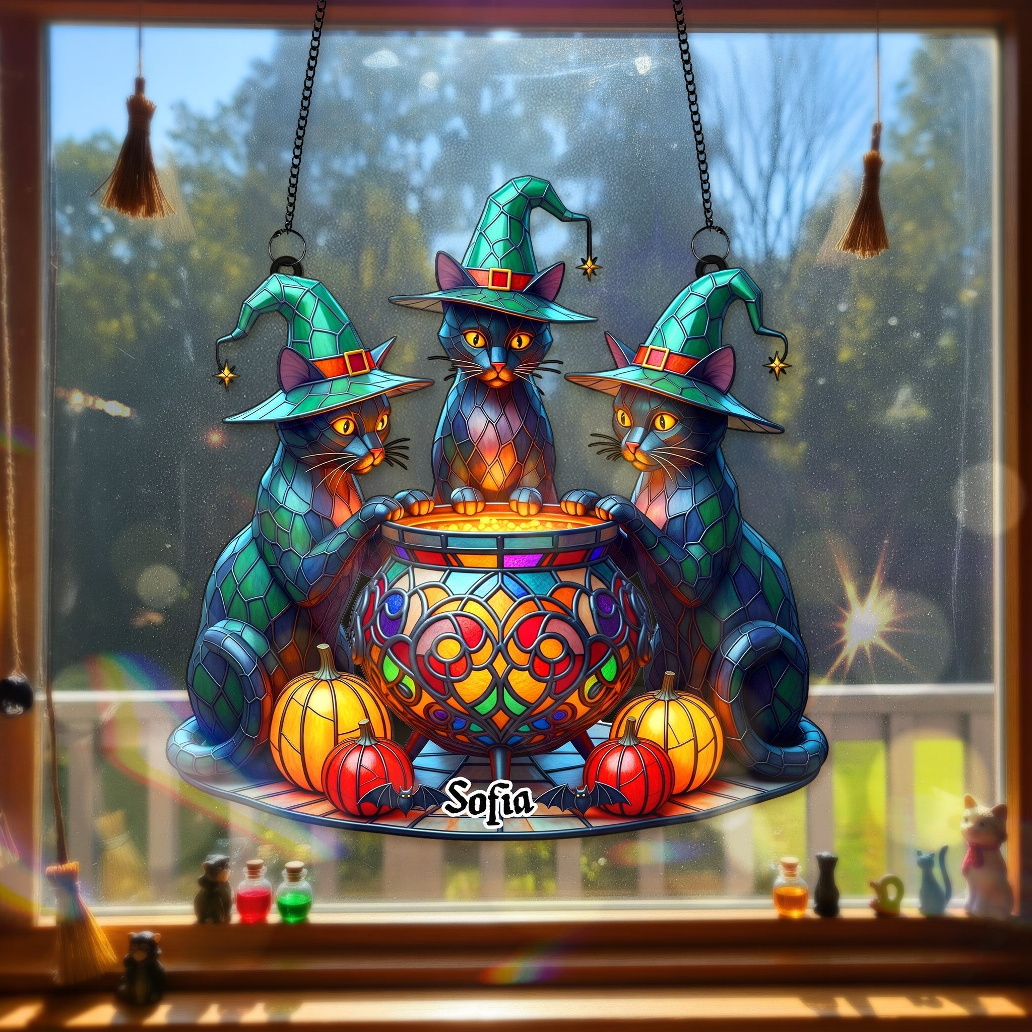 Three Cat Witches And Magic Cauldron Halloween Gift - Personalized Window Hanging Acrylic Suncatcher