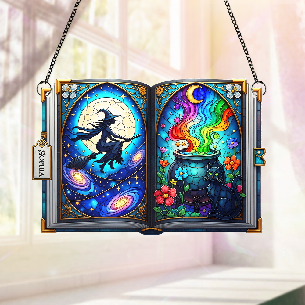 The Witch And Magic Book Halloween Gifts For Witch Lover - Personalized Window Hanging Acrylic Suncatcher