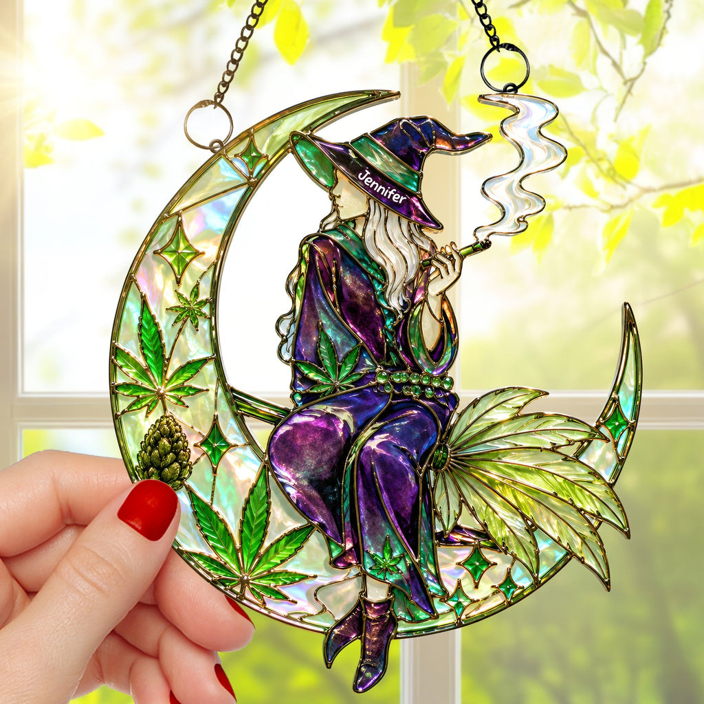 Herb Smoking Witch Halloween Gift - Personalized Window Hanging Acrylic Suncatcher
