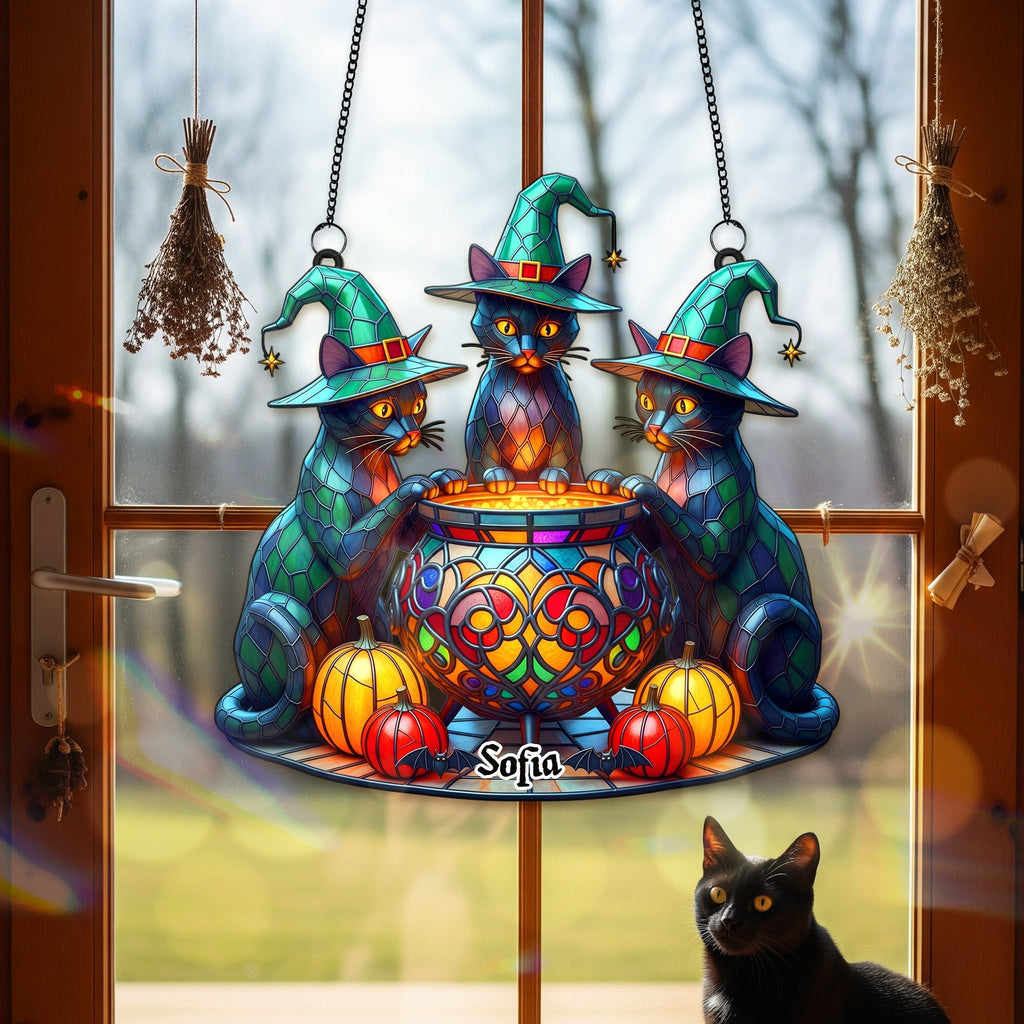 Three Cat Witches And Magic Cauldron Halloween Gift - Personalized Window Hanging Acrylic Suncatcher