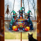 Three Cat Witches And Magic Cauldron Halloween Gift - Personalized Window Hanging Acrylic Suncatcher