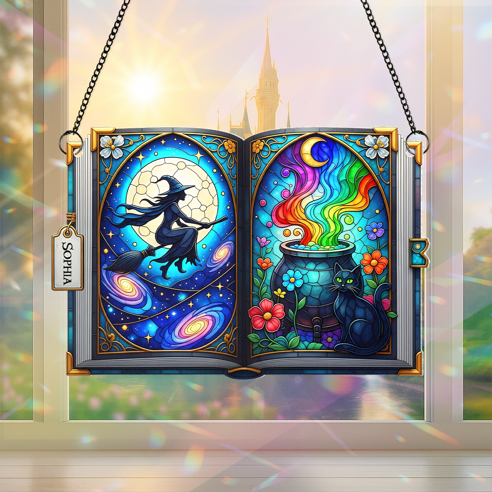 The Witch And Magic Book Halloween Gifts For Witch Lover - Personalized Window Hanging Acrylic Suncatcher