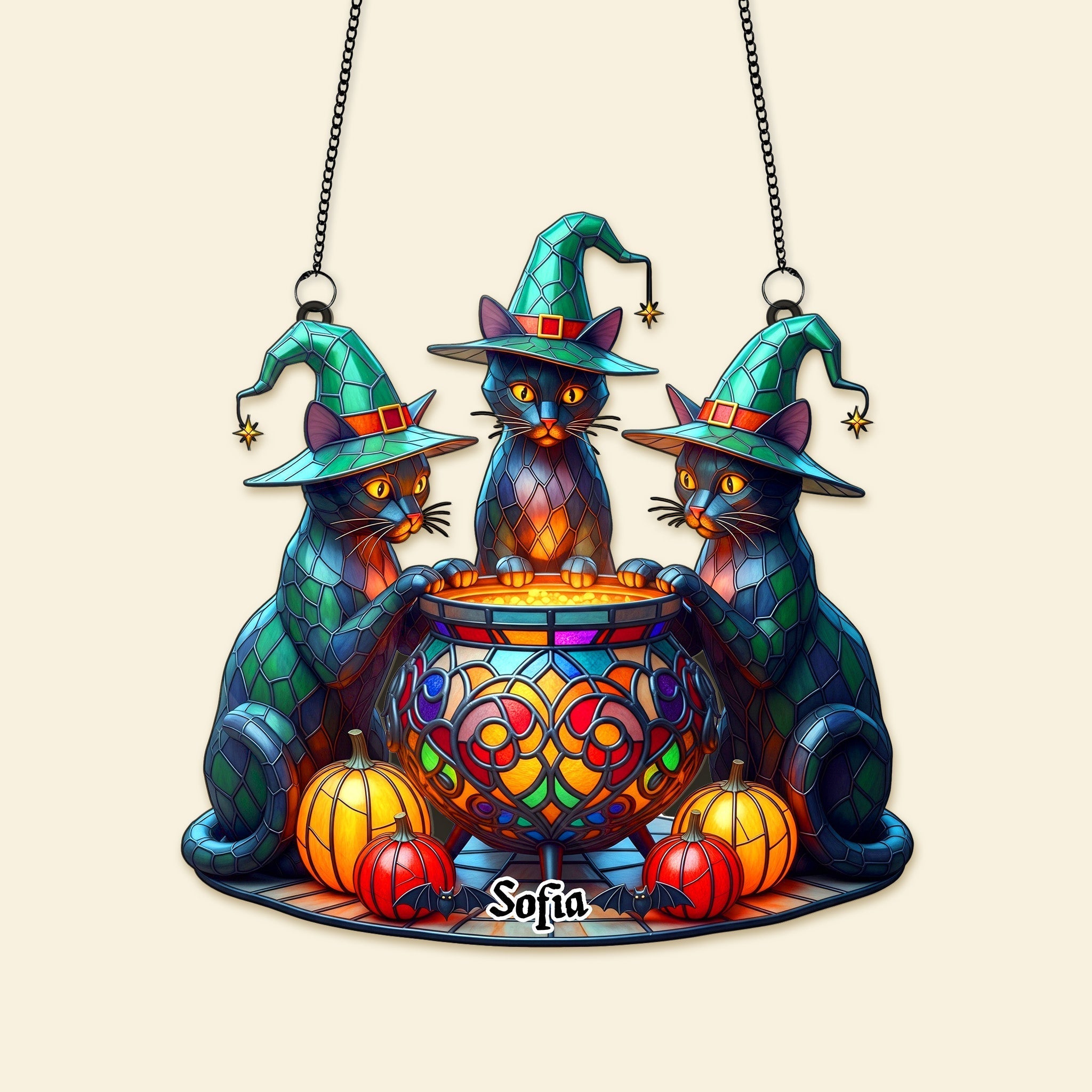 Three Cat Witches And Magic Cauldron Halloween Gift - Personalized Window Hanging Acrylic Suncatcher