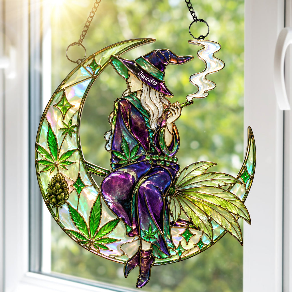 Herb Smoking Witch Halloween Gift - Personalized Window Hanging Acrylic Suncatcher